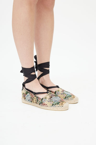 Saint Laurent Black Floral Espadrille Wedge Sandals Size 38.5