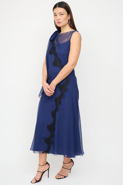 Alberta Ferretti // Navy Silk Sash Overlay Dress – VSP Consignment
