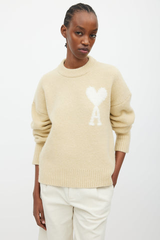 AMI Paris Beige & White Heart Logo Wool Sweater