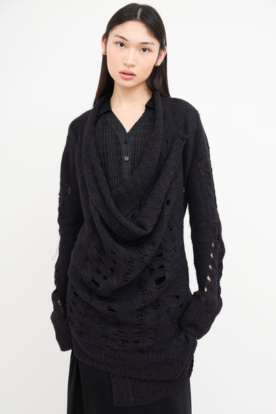 Ann Demeulemeester // Black Wool Knit Asymmetrical Cardigan – VSP