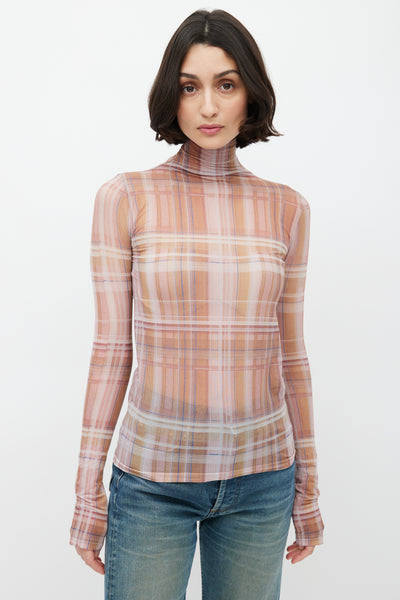 Acne Studios // Brown Multi Plaid Semi Sheer Turtleneck Top