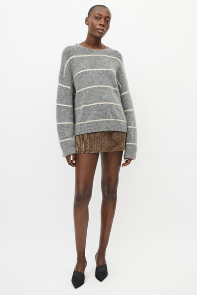 Grey & Cream Wool Knit Striped Sweater