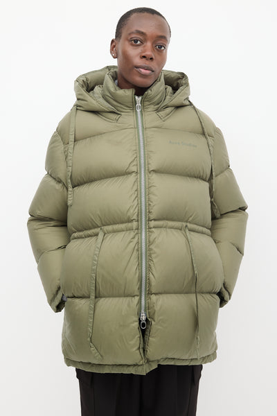 Acne Studios // Khaki Green Oversized Drawstring Puffer Jacket