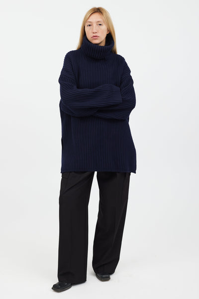 Navy Rib Knit Turtleneck Sweater