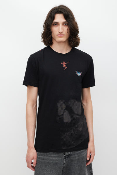 Black & Multicolour Embroidered Skeleton T-Shirt