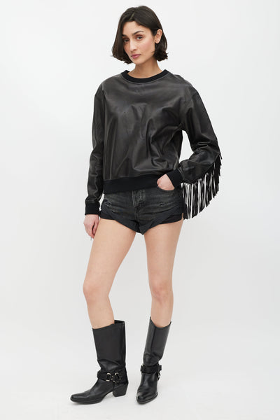 Black Leather Fringe Sweatshirt