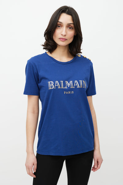 Balmain // Blue Gold Logo T-Shirt – VSP Consignment