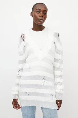 Balmain White Metallic Distressed Knit Sweater