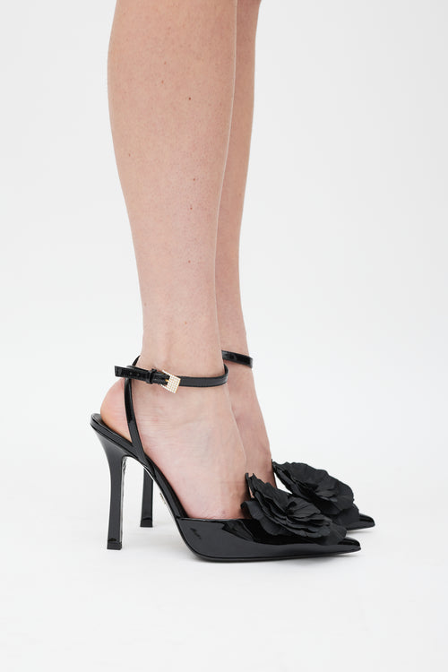 Blumarine Black Patent Leather Decollete Flower Heel