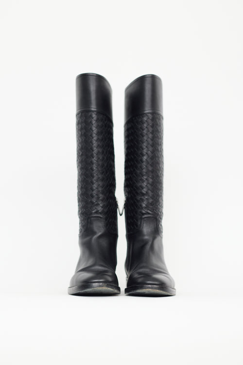 Bottega Veneta Black Leather Intrecciato Pattern Riding Boot