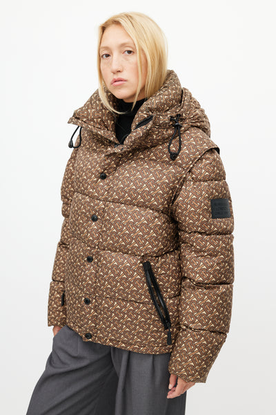 Burberry Detachable Sleeve Monogram Print Puffer Jacket in Brown