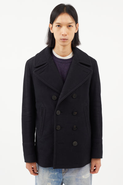 Burberry Black Wool Double Breasted Peacoat VSP Consignment