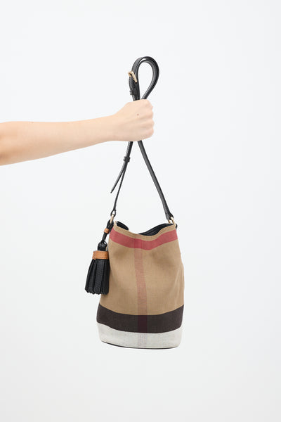 Burberry // Brown Multi Canvas Nova Check Mini Ashby Bucket Bag