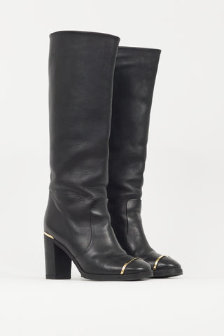 Chanel Black & Gold Leather Riding Boot