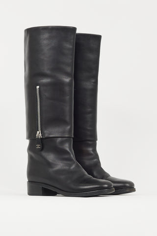 Chanel Black Leather Bombay Folded Riding Boot