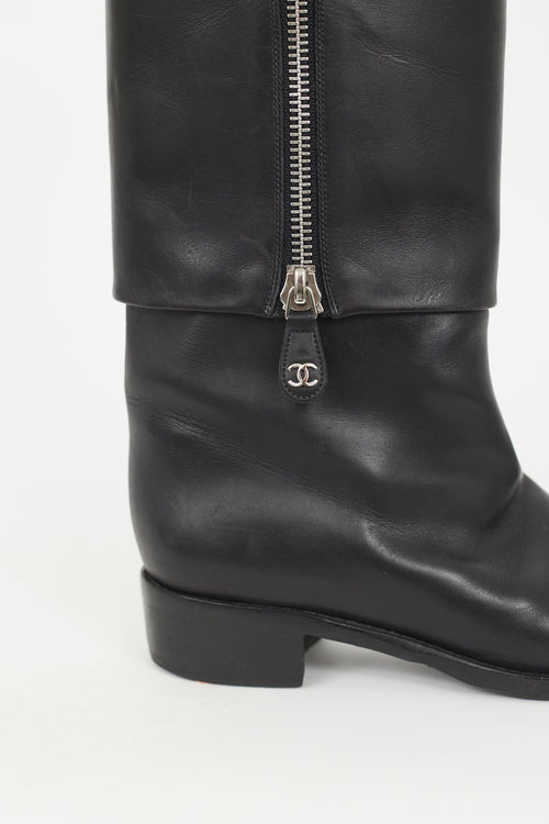 Chanel Black Leather Bombay Folded Riding Boot