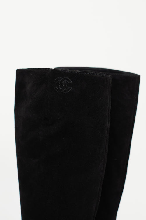 Chanel Black Suede Platform CC Embroidered Boot