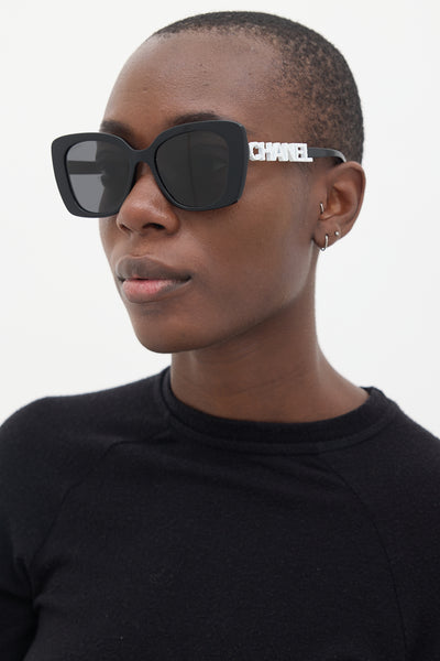 Chanel // Black White 5422-B Embellished Logo Sunglasses – VSP