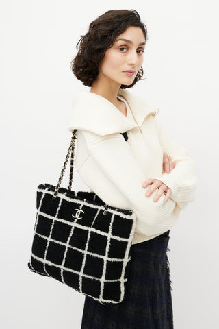 Chanel Black & White Shearling Grid Tote Bag