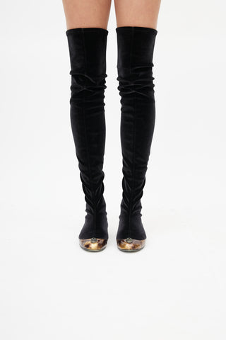 Chanel Pre-Fall 2012 Black Velour Thigh High Boot