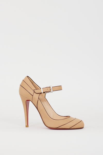 Christian Louboutin // Beige Leather Wall Street Mary Jane Heel