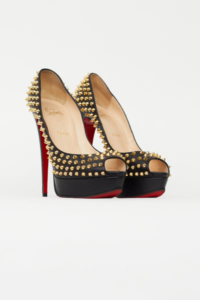 Christian Louboutin // Black & Gold Lady Peep Spike 150 Pump