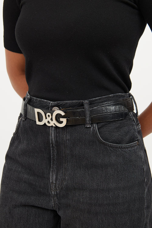 Dolce & Gabbana Black Embossed Silver Logo Belt