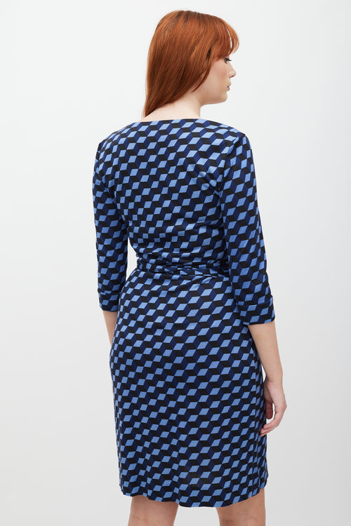 Diane Von Furstenberg Navy & Black Silk Geometric Wrap Dress