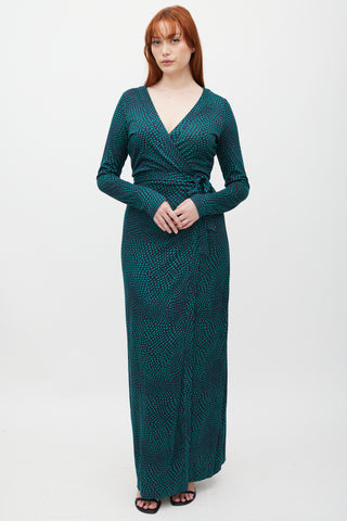 Diane Von Furstenberg Navy & Green Silk Polka Dot Wrap Dress