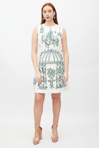Dolce & Gabbana White & Green Brocade Chandelier Dress