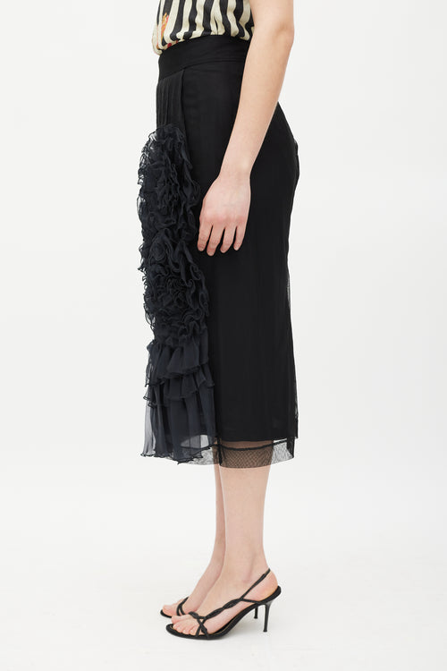 Dries Van Noten Black Silk Mesh Ruffled Skirt