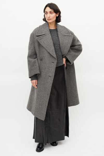 Grey Oversized Wool Double Breasted Coat