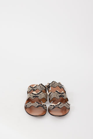 Chloé Brown & Black Leather Embossed Scalloped Sandal