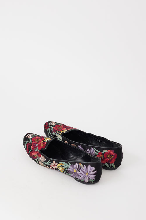 Alexander McQueen Black & Multicolour Floral Embroidered Flat