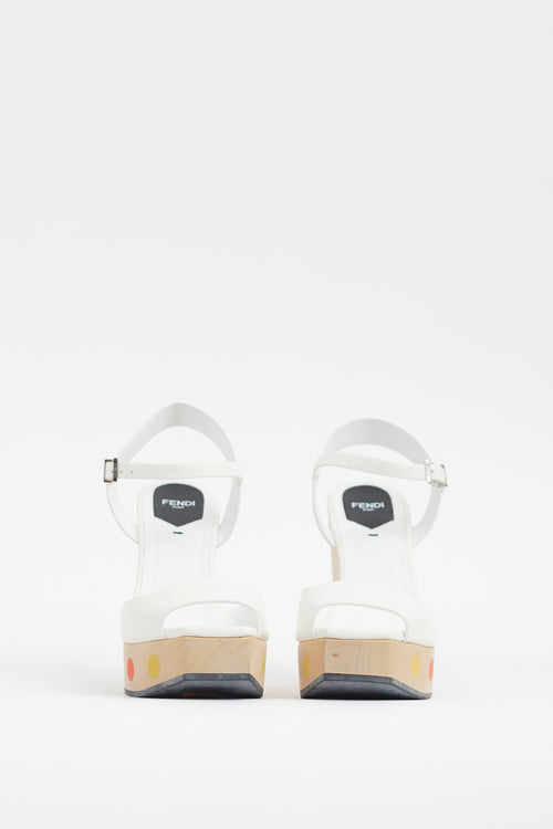 Fendi White & Multi Dots Wooden Platform Sandal