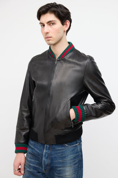 Gucci // Black Leather Web Bomber Jacket – VSP Consignment