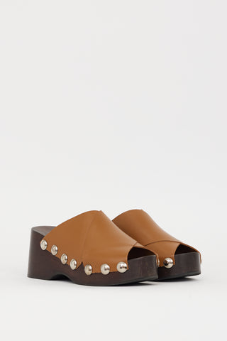 Ganni Brown Leather Retro Studded Wooden Mule