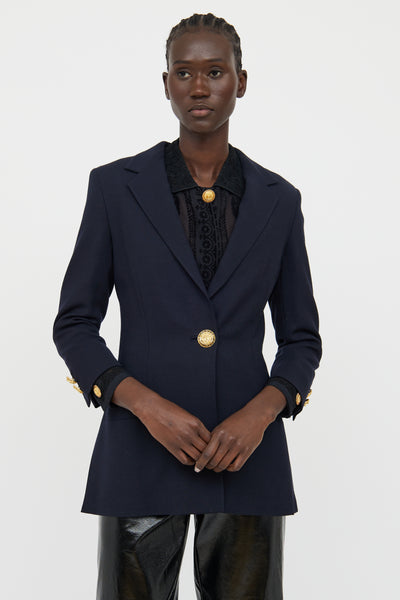 Navy blue wool 2025 blazer womens