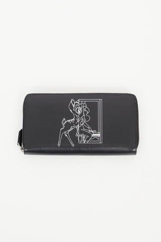 Givenchy x Disney Black Leather Bambi Print Zip Wallet