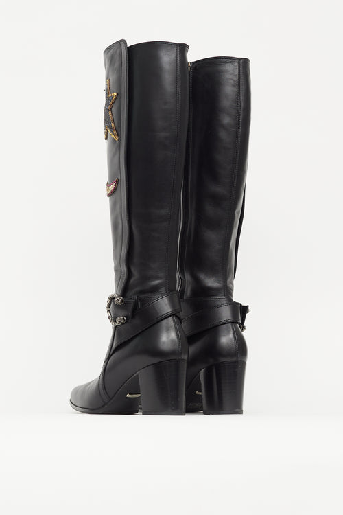 Gucci Black Leather Dionysus Star & Moon Boot