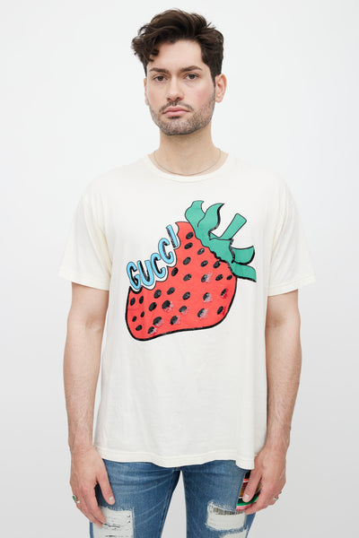 Cream Strawberry Sequin Logo T-Shirt
