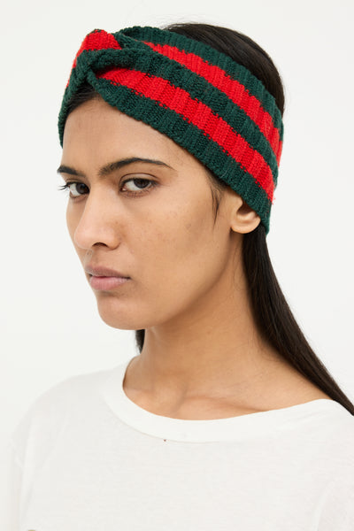 GUCCI web stripe knitted headband GUCCI Web Knot Knit Wool Twist Red & Green Headband Made in  main image 2