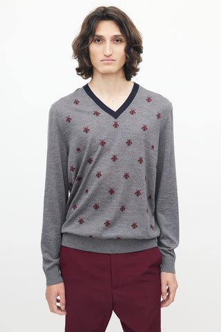 Grey & Red Knit Wool Bee Sweater