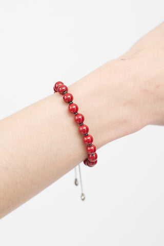 Gucci Red & Aged Silver Beaded GG Heart Bracelet