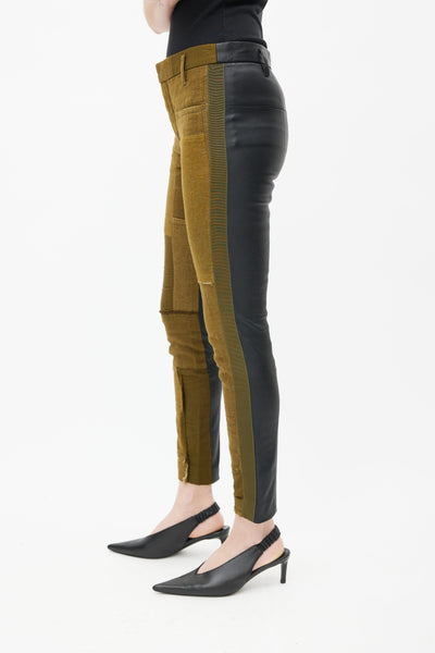 Khaki Green Patchwork & Black Leather Pant