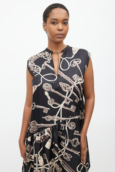 Hermès // Black & Brown Silk Les Cles Print Asymmetrical Dress