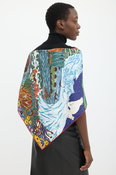Hermès // Blue & Multicolour Silk Into the Canadian Wild 90 Scarf