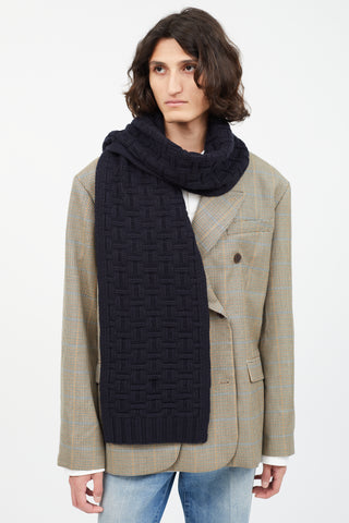 Navy Cashmere H Knit Intarsia Scarf