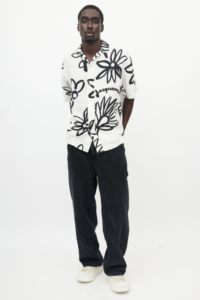 White & Black Le Splash Floral Linen Shirt