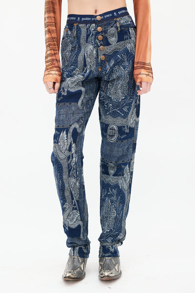 GAULTIER JEANS 花柄スラックス ブルー Jean Paul Gaultier // FW 1994 Navy Jacquard Logo Waist Jeans – VSP
